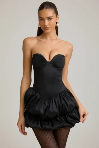 Laela Satin-Minikleid mit Ballonrock und Korsett in Schwarz