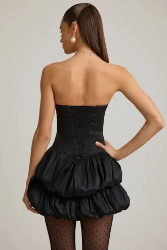 Laela Satin-Minikleid mit Ballonrock und Korsett in Schwarz
