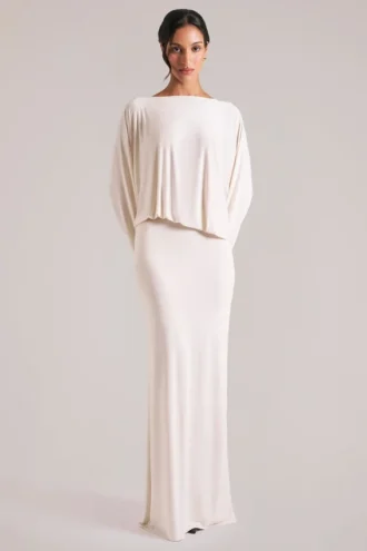 Lani Langarm-Maxikleid mit Drapierung in Elfenbein
