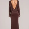 Lani Langarm-Maxikleid mit Drapierung in Schokoladenbraun