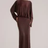 Lani Langarm-Maxikleid mit Drapierung in Schokoladenbraun