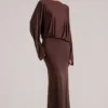 Lani Langarm-Maxikleid mit Drapierung in Schokoladenbraun