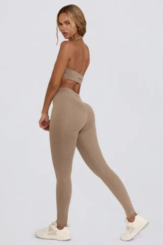 Leggings aus gebürstetem Jersey mit Rüschen und mittlerer Leibhöhe in Mokka-Mélange