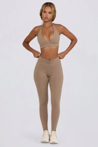 Leggings aus gebürstetem Jersey mit Rüschen und mittlerer Leibhöhe in Mokka-Mélange