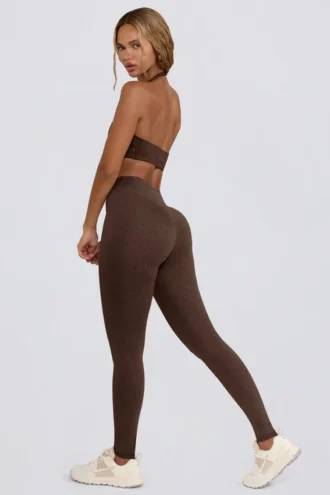 Leggings aus gebürstetem Jersey mit Rüschen und mittlerer Leibhöhe in Pecan-Melange