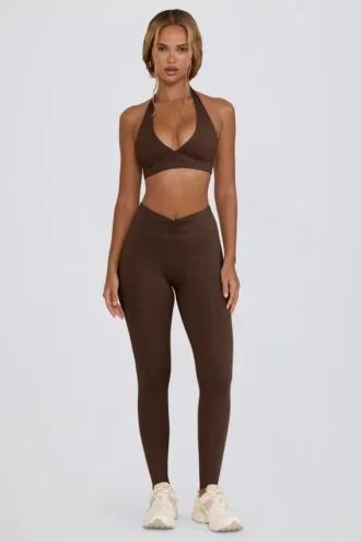Leggings aus gebürstetem Jersey mit Rüschen und mittlerer Leibhöhe in Pecan-Melange