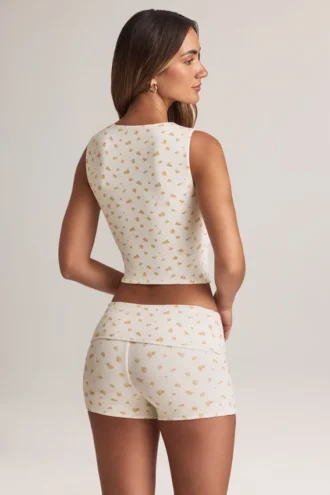 Lene Modal-Oberteil mit Knopfleiste und Rippmuster in Blumenprint