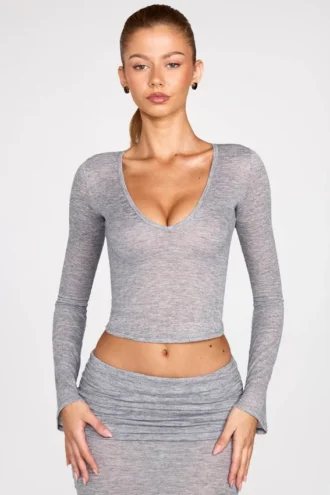 Liah Transparentes Jersey-Plunge-Oberteil mit langen Ärmeln in Grau