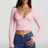Lioren Transparentes Spitzen-Oberteil mit tiefem Ausschnitt und langen Ärmeln in Rosa Lioren Transparentes Spitzen-Oberteil mit tiefem Ausschnitt und langen Ärmeln in Rosa