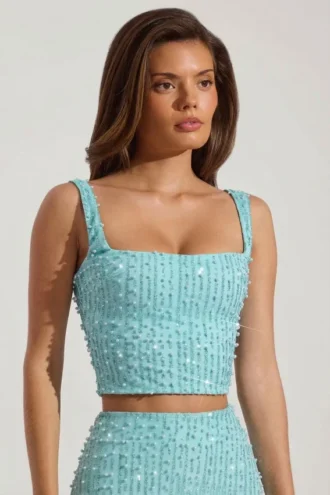 Lirael Crop-Top mit Verzierungen und quadratischem Ausschnitt in Aquablau