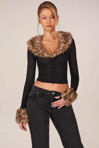 Lola Cardigan aus transparentem Mesh mit Kunstfellbesatz in Schwarz