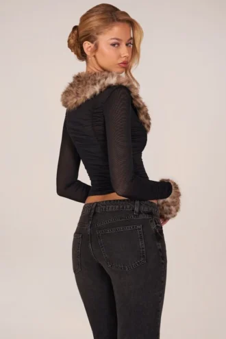 Lola Cardigan aus transparentem Mesh mit Kunstfellbesatz in Schwarz