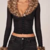 Lola Cardigan aus transparentem Mesh mit Kunstfellbesatz in Schwarz Lola Cardigan aus transparentem Mesh mit Kunstfellbesatz in Schwarz