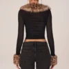 Lola Cardigan aus transparentem Mesh mit Kunstfellbesatz in Schwarz Lola Cardigan aus transparentem Mesh mit Kunstfellbesatz in Schwarz
