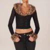 Lola Cardigan aus transparentem Mesh mit Kunstfellbesatz in Schwarz Lola Cardigan aus transparentem Mesh mit Kunstfellbesatz in Schwarz