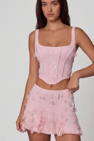 Lorelei Verzierter A-Linien-Minirock mit mittlerer Leibhöhe in zartem Rosa