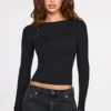 Luisa – Langärmliges, geripptes Modal-Oberteil mit Rüschen in Schwarz Luisa – Langärmliges, geripptes Modal-Oberteil mit Rüschen in Schwarz