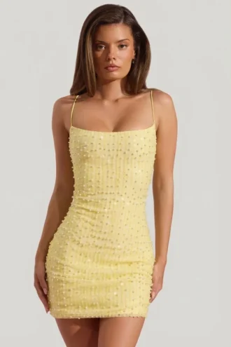 Lunetta Verziertes Bodycon-Minikleid mit U-Ausschnitt in Gelb