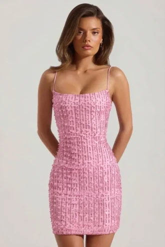 Lunetta verziertes Minikleid mit U-Ausschnitt und figurbetonter Passform in Rosa