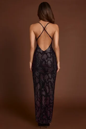 Luserna Maxikleid mit Neckholder und Verzierung in Lila-Schlangenmuster