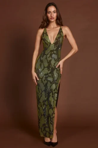 Luserna verziertes Maxikleid mit Neckholder in Green Snake
