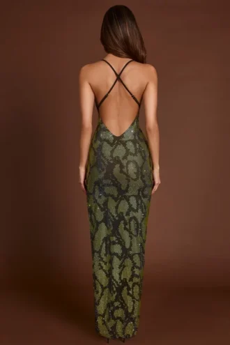 Luserna verziertes Maxikleid mit Neckholder in Green Snake