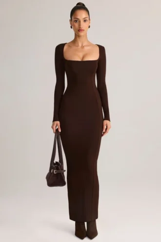 Lux Modal-Maxikleid mit quadratischem Ausschnitt in Schokoladenbraun