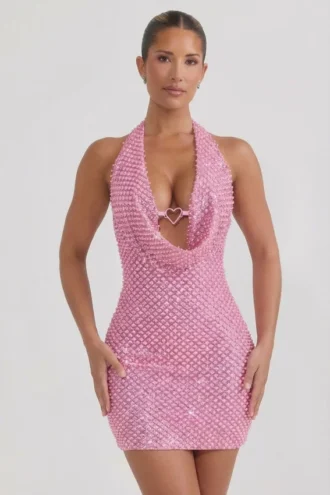 Mabella Minikleid mit Herzverzierung und Wasserfallausschnitt in Rosa