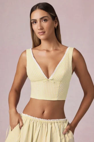 Magda Crop-Oberteil mit Schleifendetail in zitronengelben Streifen