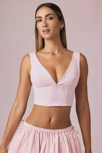 Magda Crop-Top mit Schleifendetail in zartem Mauve-Streifen