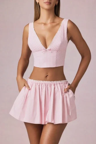 Magda Crop-Top mit Schleifendetail in zartem Mauve-Streifen