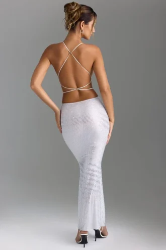 Magdalena Maxikleid mit Verzierungen und Cut-outs am Rücken in Weiß