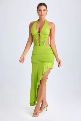 Manami asymmetrisches Midaxi-Kleid mit Cut-outs und Neckholder in Limettengrün