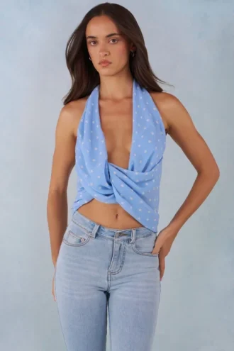 Maraya Deep Plunge Halterneck Oberteil mit blauem Polka-Dot-Print