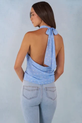 Maraya Deep Plunge Halterneck Oberteil mit blauem Polka-Dot-Print