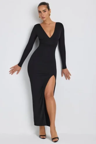 Marcela Modal-Maxikleid mit tiefem Ausschnitt und langen Ärmeln in Schwarz