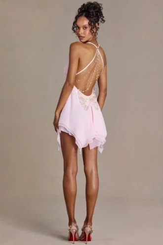 Mariette Premium-Chiffon-Minikleid mit tiefem Ausschnitt und offenem Rücken in Babyrosa