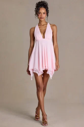 Mariette Premium-Chiffon-Minikleid mit tiefem Ausschnitt und offenem Rücken in Babyrosa