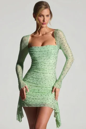 Marilla Minikleid mit drapiertem Wasserfallausschnitt und Verzierungen in Pistazie
