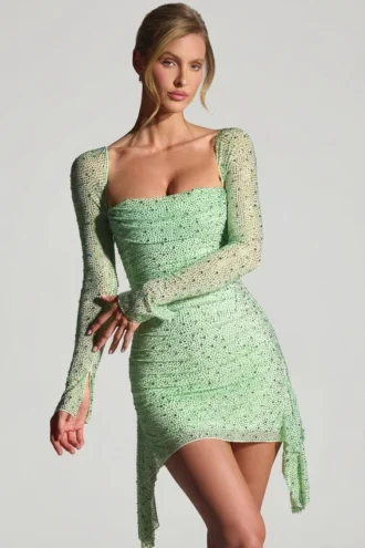 Marilla Minikleid mit drapiertem Wasserfallausschnitt und Verzierungen in Pistazie