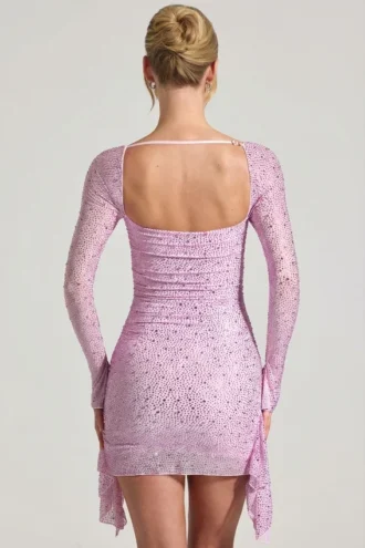 Marilla verziertes, drapiertes Minikleid mit Wasserfallausschnitt in Pfingstrosenrosa