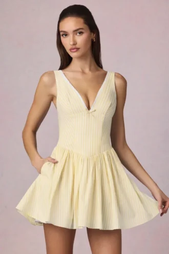 Marissa A-Linien-Minikleid mit Schleifendetail in zitronengelben Streifen