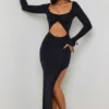 Matilda Maxikleid mit Rüschenbesatz und Cut-outs in Schwarz Matilda Maxikleid mit Rüschenbesatz und Cut-outs in Schwarz