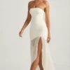 Melina Asymmetrisches, trägerloses Fishtail-Maxikleid in Elfenbein
