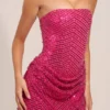 Mellie – Verziertes, drapiertes, trägerloses A-Linien-Minikleid in Pink
