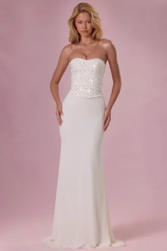 Melora – Verziertes, trägerloses Korsettkleid in Elfenbein