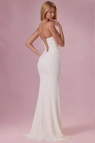 Melora – Verziertes, trägerloses Korsettkleid in Elfenbein