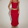 Midi-Rock aus korallenfarbener Spitze mit mittlerer Leibhöhe und ausgestellter Silhouette in True Red Midi-Rock aus korallenfarbener Spitze mit mittlerer Leibhöhe und ausgestellter Silhouette in True Red