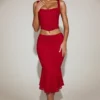 Midi-Rock aus korallenfarbener Spitze mit mittlerer Leibhöhe und ausgestellter Silhouette in True Red Midi-Rock aus korallenfarbener Spitze mit mittlerer Leibhöhe und ausgestellter Silhouette in True Red