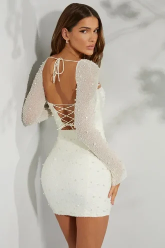 Milan Langarm-Minikleid mit Verzierungen in Elfenbein